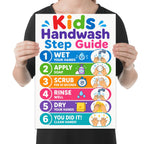 Kids Handwash Step Guide poster with colorful numbered wet, soap, scrub, rinse and dry panels shown in a held-poster mockup