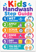 Kids Handwash Step Guide poster with colorful numbered wet, soap, scrub, rinse and dry panels