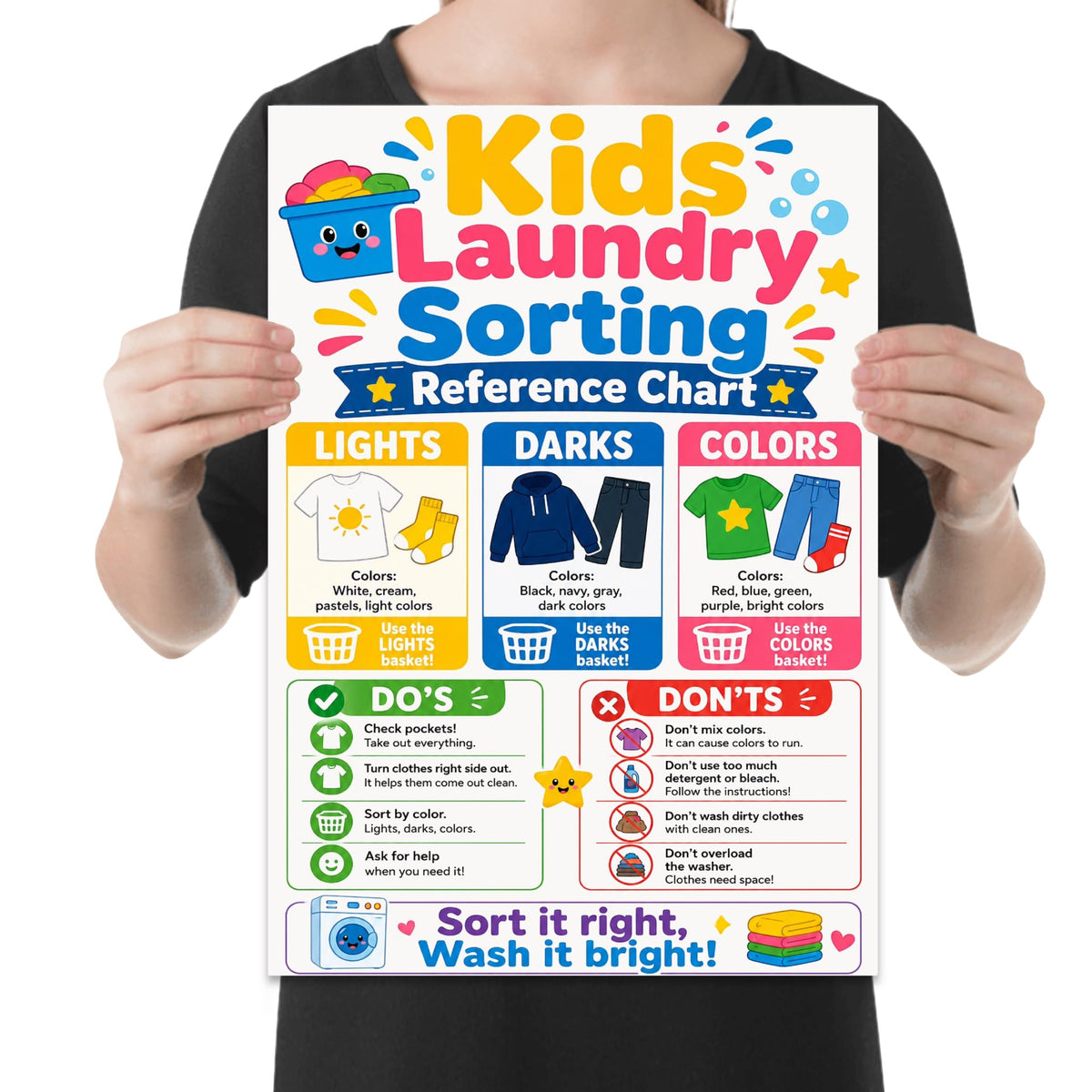 Person holding the kids laundry sorting chart poster to show its layout