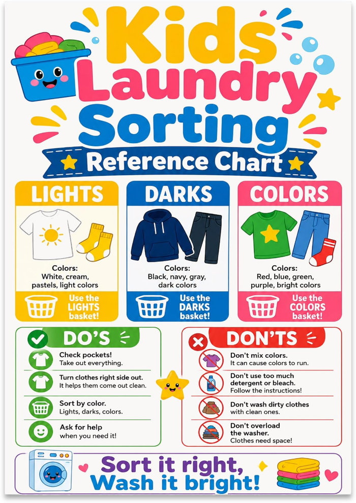 Kids Laundry Sorting Reference Chart poster with bright lights, darks, and colors columns