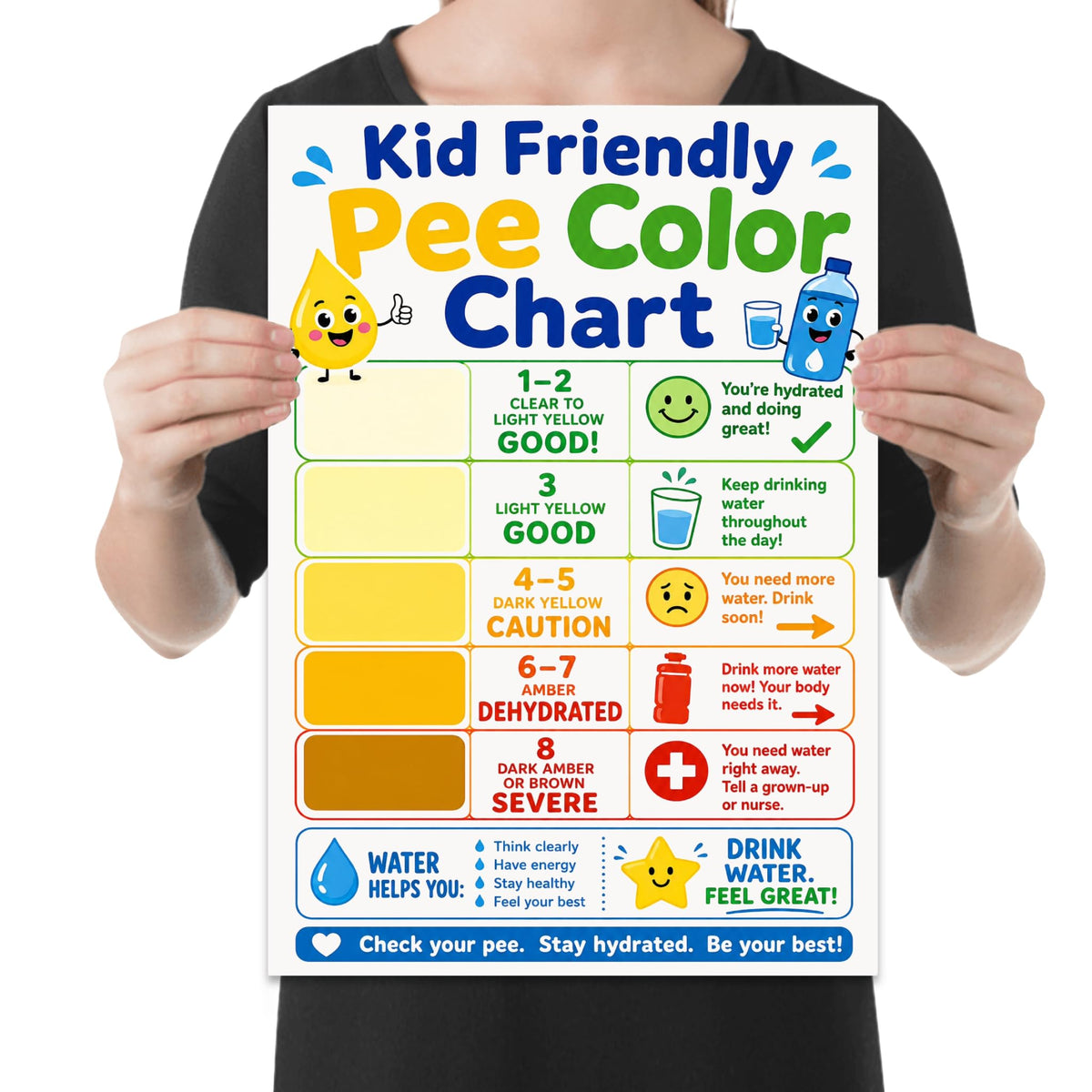 Kid Friendly Pee Color Chart poster with five yellow-to-amber zones and smiling water-drop and bottle characters, shown held for scale