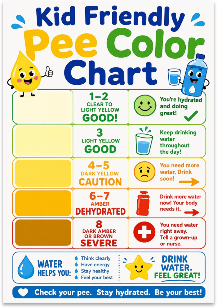 Kid Friendly Pee Color Chart poster with five yellow-to-amber zones and smiling water-drop and bottle characters