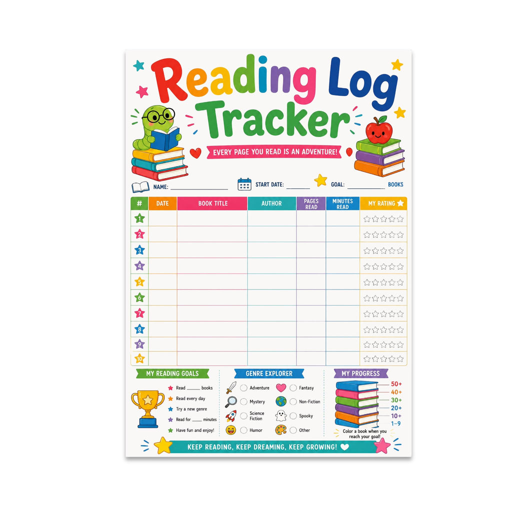 Reading Log Tracker poster with a colorful book table, star ratings, reading goals, genre icons and progress books