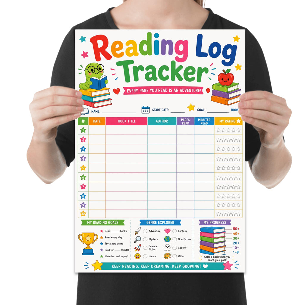 Reading Log Tracker poster with a colorful book table, star ratings, reading goals, genre icons and progress books shown in a held-poster mockup