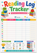 Reading Log Tracker poster with a colorful book table, star ratings, reading goals, genre icons and progress books