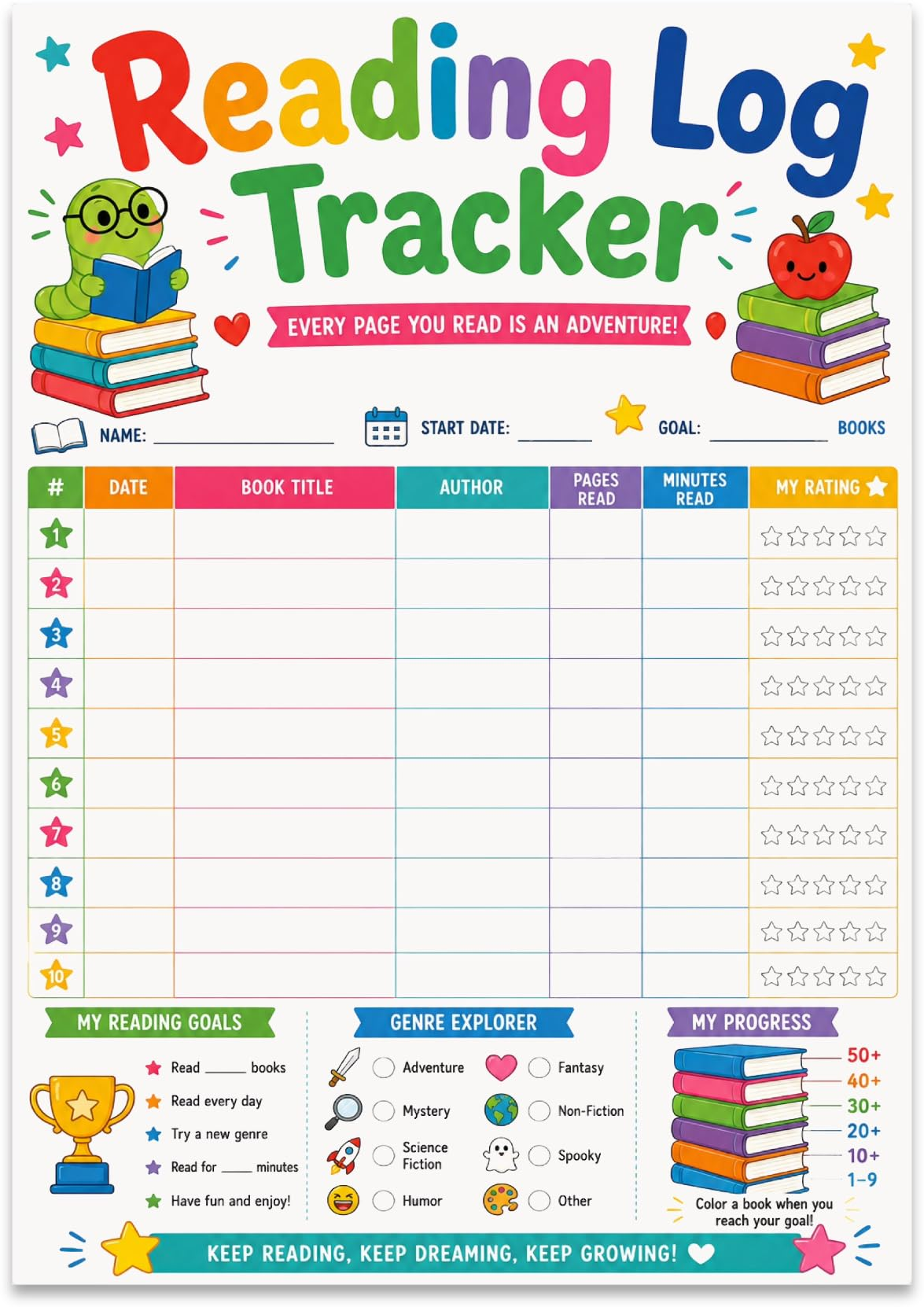 Reading Log Tracker poster with a colorful book table, star ratings, reading goals, genre icons and progress books