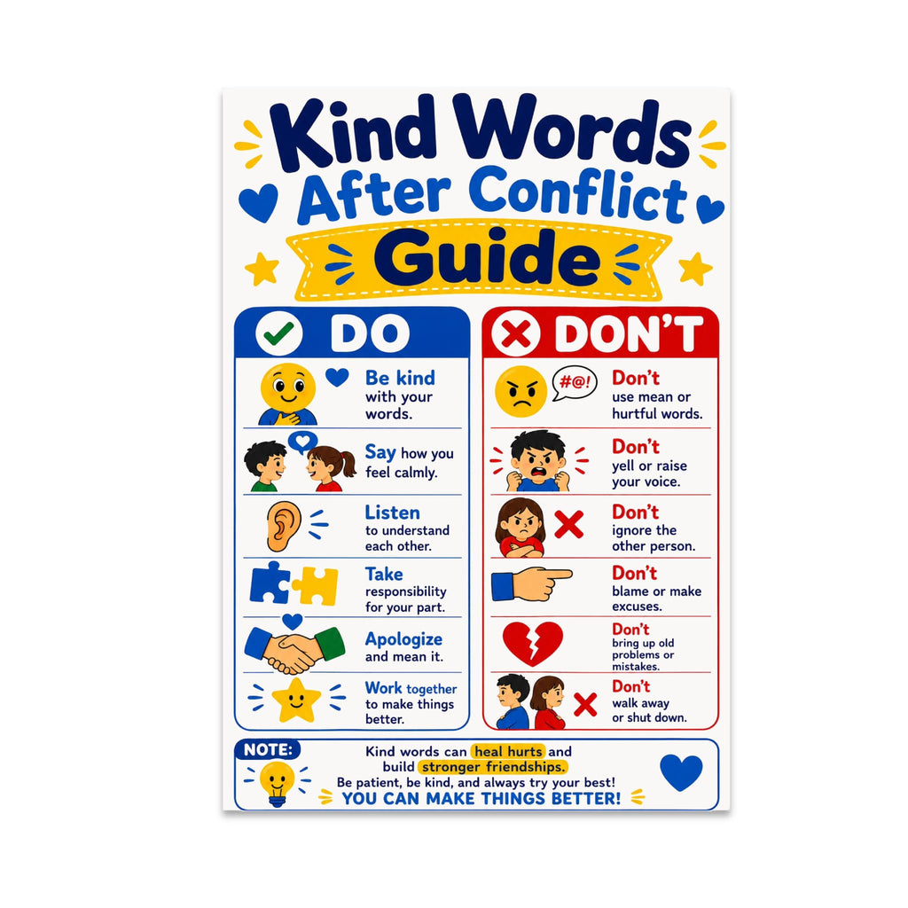 Kind Words After Conflict Guide poster with blue do and red don't columns, expressive faces and communication illustrations