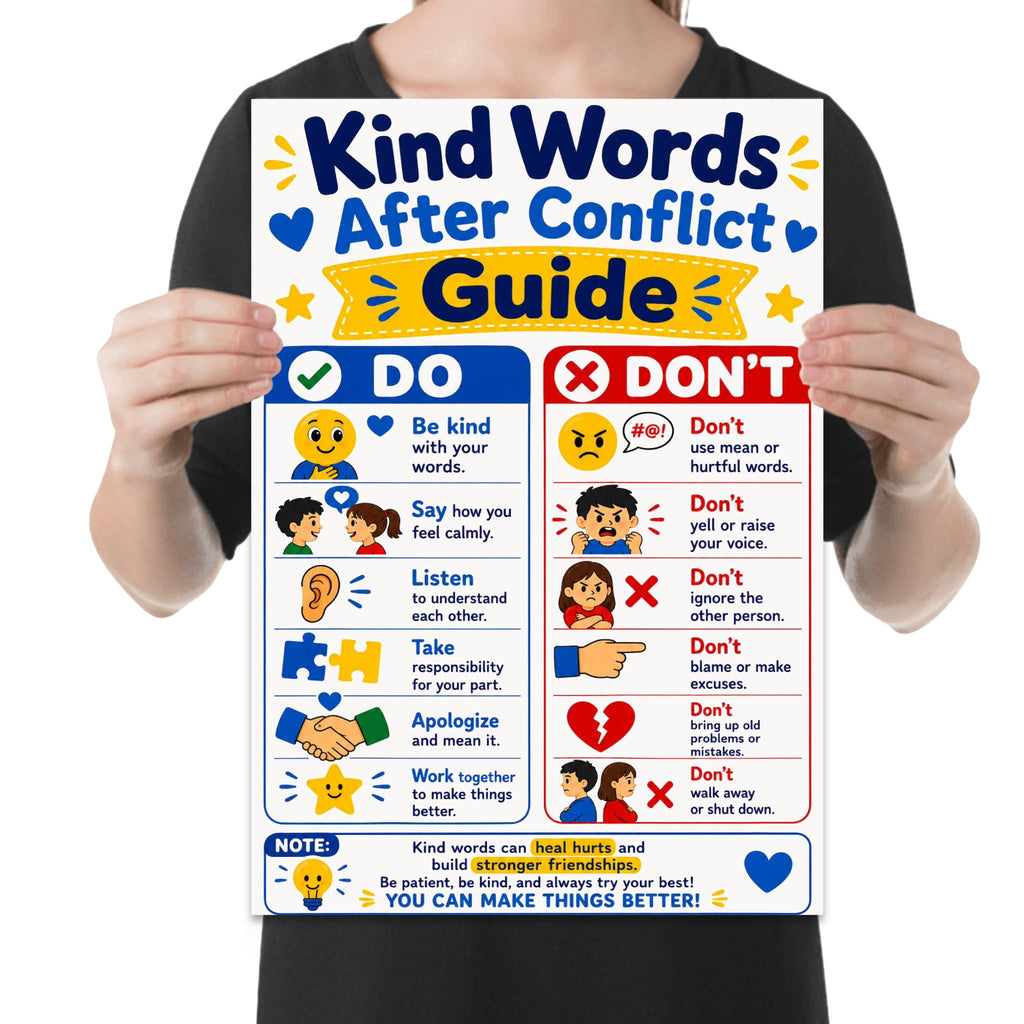 Kind Words After Conflict Guide poster with blue do and red don't columns, expressive faces and communication illustrations shown in a held-poster mockup