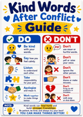 Kind Words After Conflict Guide poster with blue do and red don't columns, expressive faces and communication illustrations