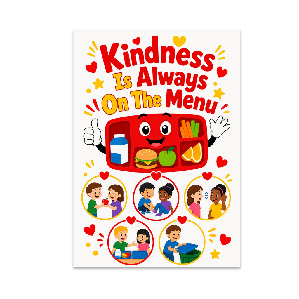 Kindness Is Always on the Menu poster with a smiling red lunch tray and five scenes of children helping others