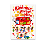Kindness Is Always on the Menu poster with a smiling red lunch tray and five scenes of children helping others