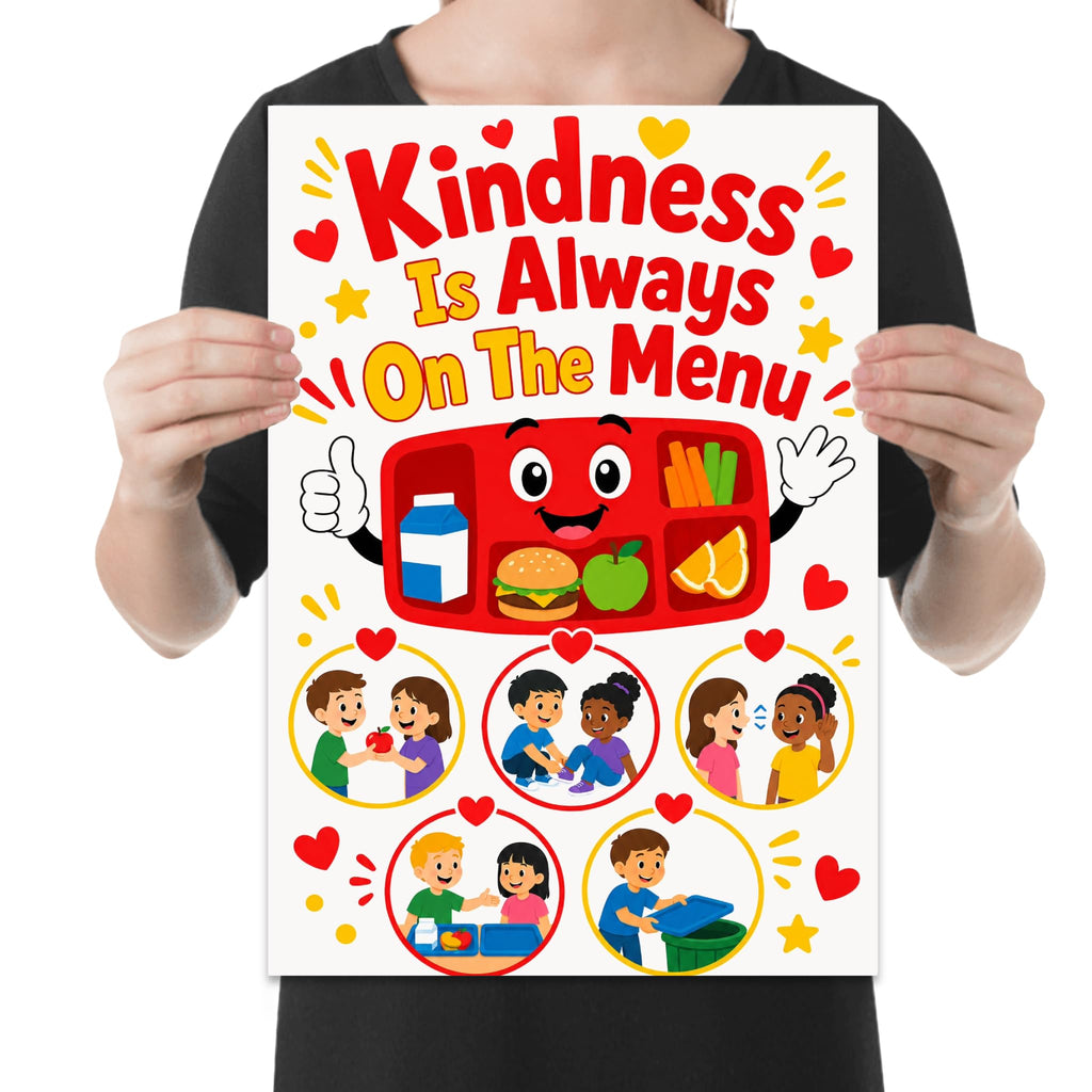 Kindness Is Always on the Menu poster with a smiling red lunch tray and five scenes of children helping others shown in a held-poster mockup