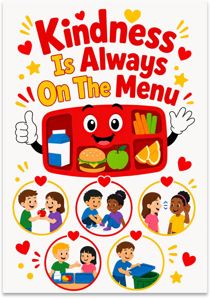 Kindness Is Always on the Menu poster with a smiling red lunch tray and five scenes of children helping others