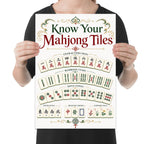 Know Your Mahjong Tiles poster with rows of illustrated tiles and decorative green and gold borders held by a person for scale