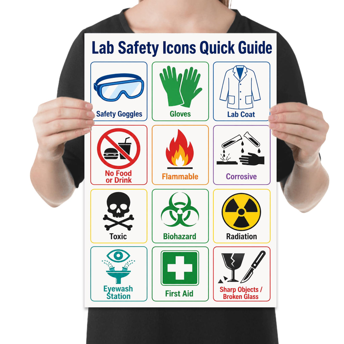 Lab Safety Icons Quick Guide poster with twelve color-coded safety symbols held by a person for scale