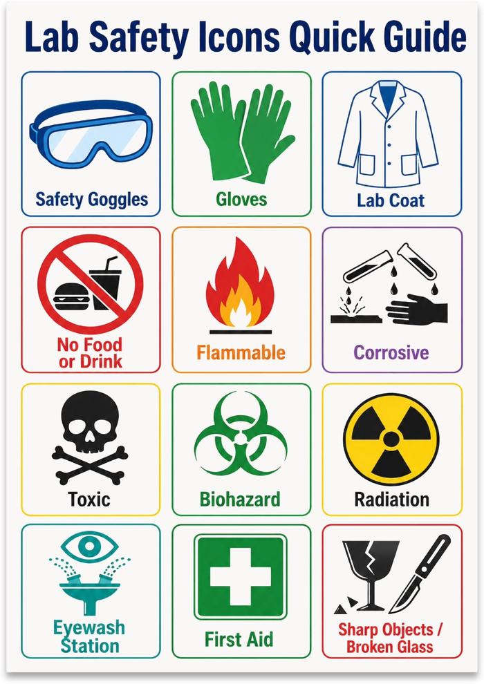 Lab Safety Icons Quick Guide poster with twelve color-coded safety symbols