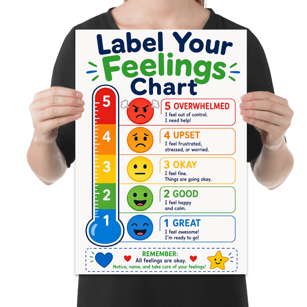 Label Your Feelings poster with a five-level blue-to-red thermometer and expressive colored faces shown in a held-poster mockup