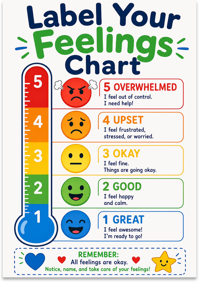 Label Your Feelings poster with a five-level blue-to-red thermometer and expressive colored faces