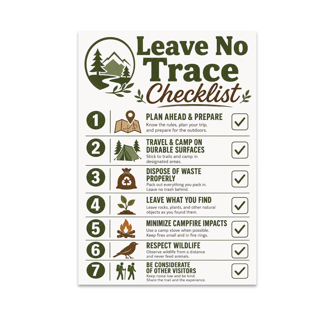 Leave No Trace Checklist poster with seven numbered outdoor-ethics reminders, green icons and check marks