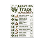 Leave No Trace Checklist poster with seven numbered outdoor-ethics reminders, green icons and check marks