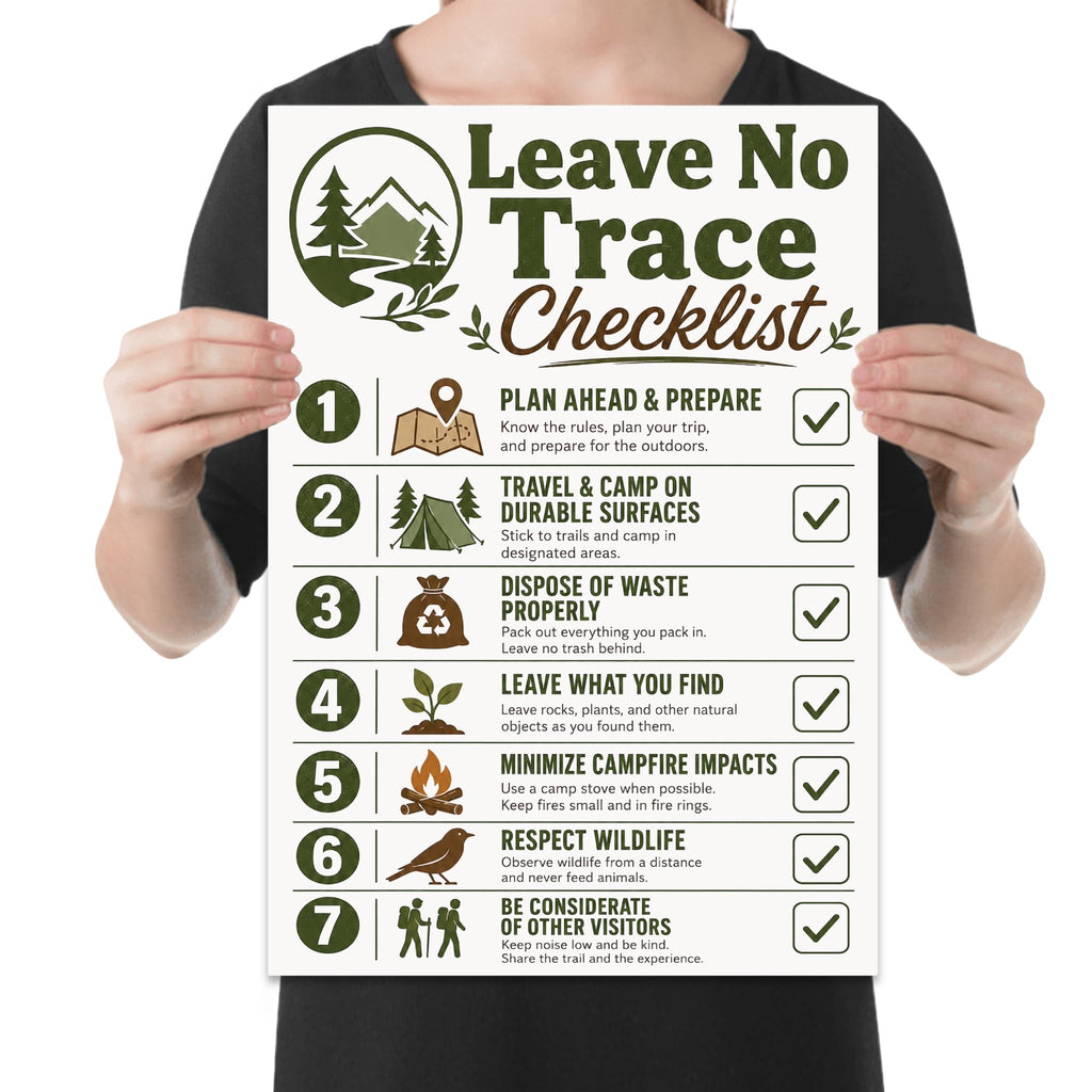 Leave No Trace Checklist poster with seven numbered outdoor-ethics reminders, green icons and check marks shown in a held-poster mockup