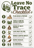 Leave No Trace Checklist poster with seven numbered outdoor-ethics reminders, green icons and check marks