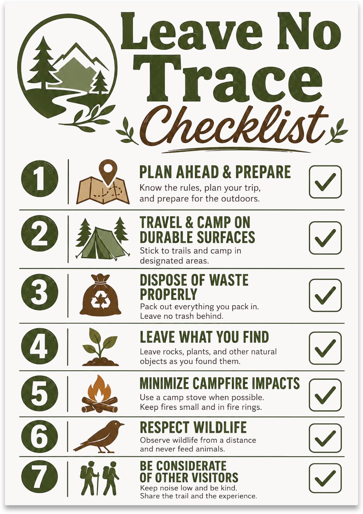 Leave No Trace Checklist poster with seven numbered outdoor-ethics reminders, green icons and check marks