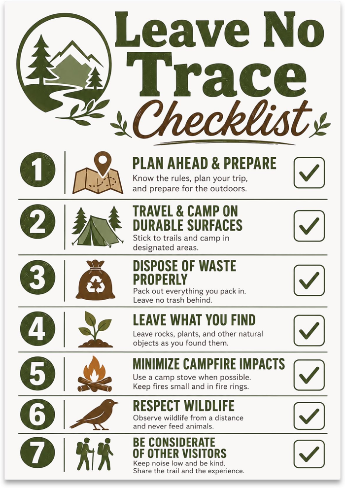 Leave No Trace Checklist poster with seven numbered outdoor-ethics reminders, green icons and check marks