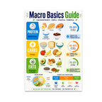 Macro Basics Guide poster with blue protein, orange carbohydrate, and green fat sections and food illustrations