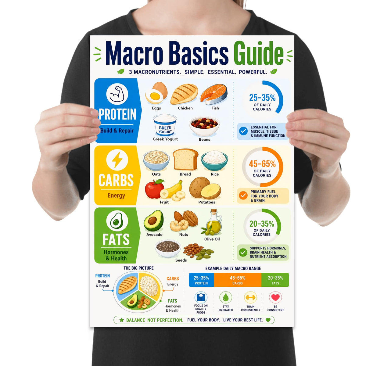 Person holding the macro basics nutrition poster to show its layout