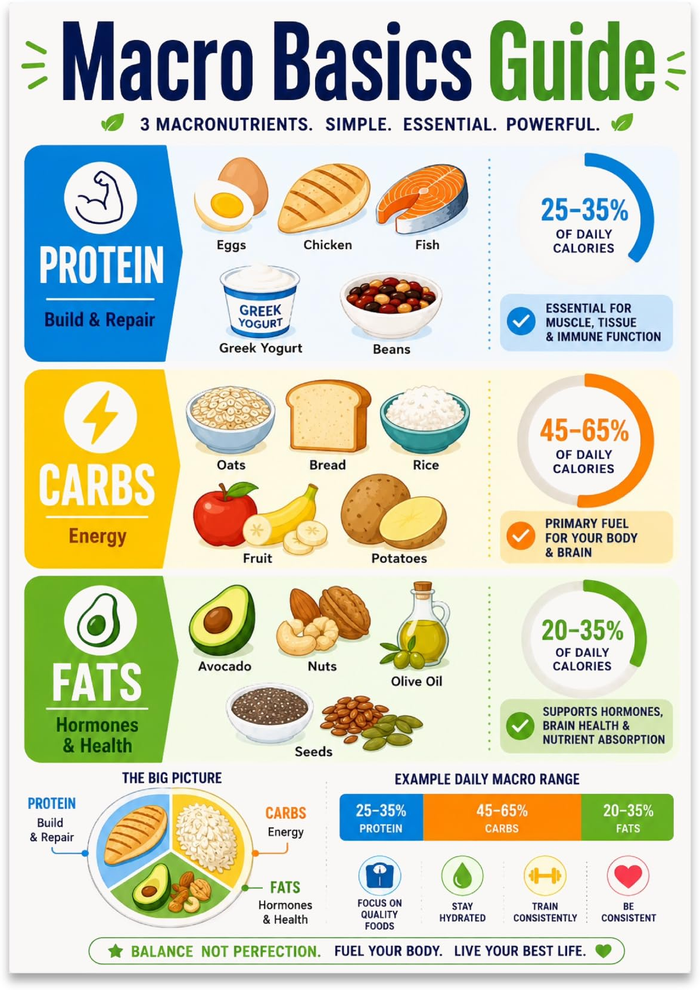 Macro Basics Guide poster with blue protein, orange carbohydrate, and green fat sections and food illustrations