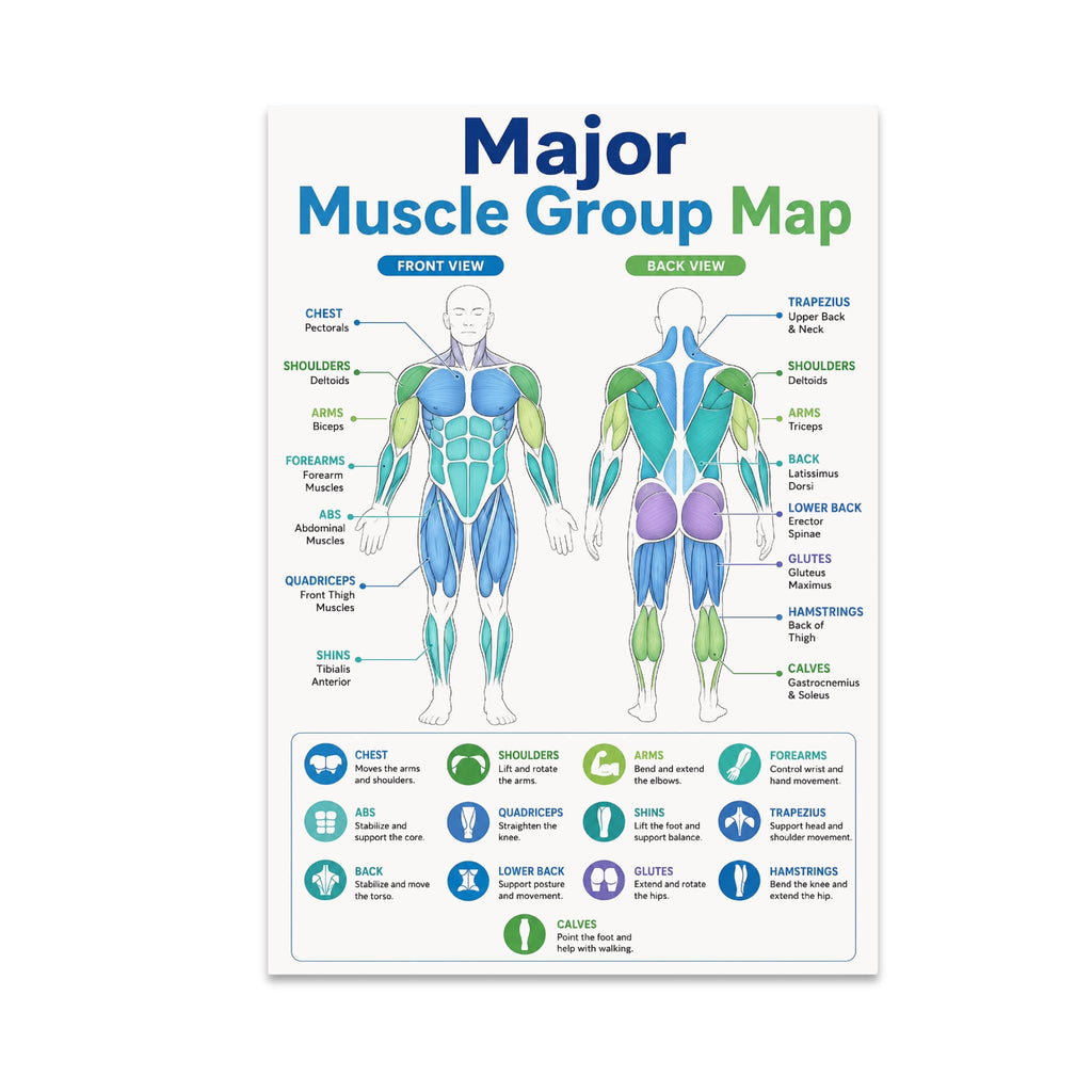 Major Muscle Group Map poster with front and back body diagrams, color-coded muscles and labeled reference icons