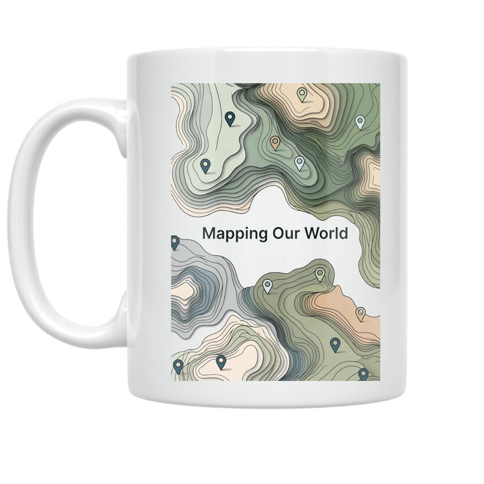 White Mapping Our World mug with green and tan topographic contours and map pins