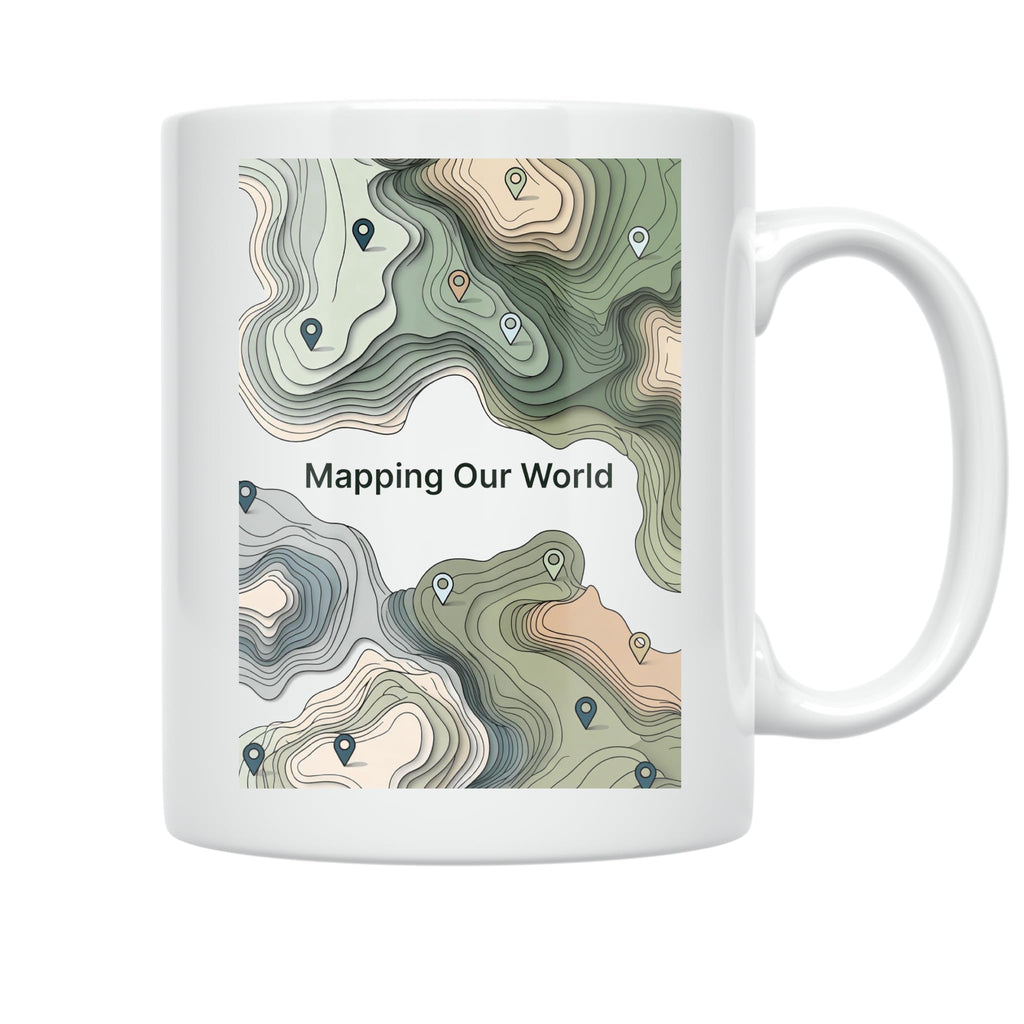 White Mapping Our World mug with green and tan topographic contours and map pins shown from the opposite handle side