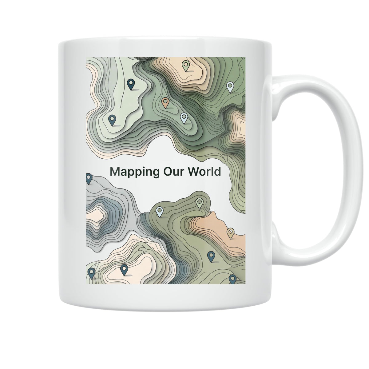 White Mapping Our World mug with green and tan topographic contours and map pins shown from the opposite handle side