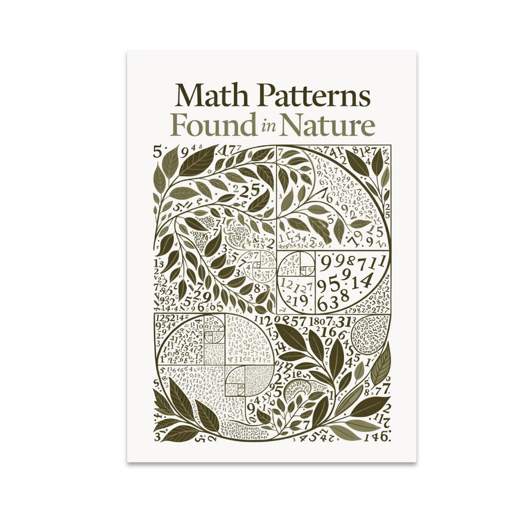 Math Patterns Found in Nature poster with botanical spirals and numbers in olive and cream
