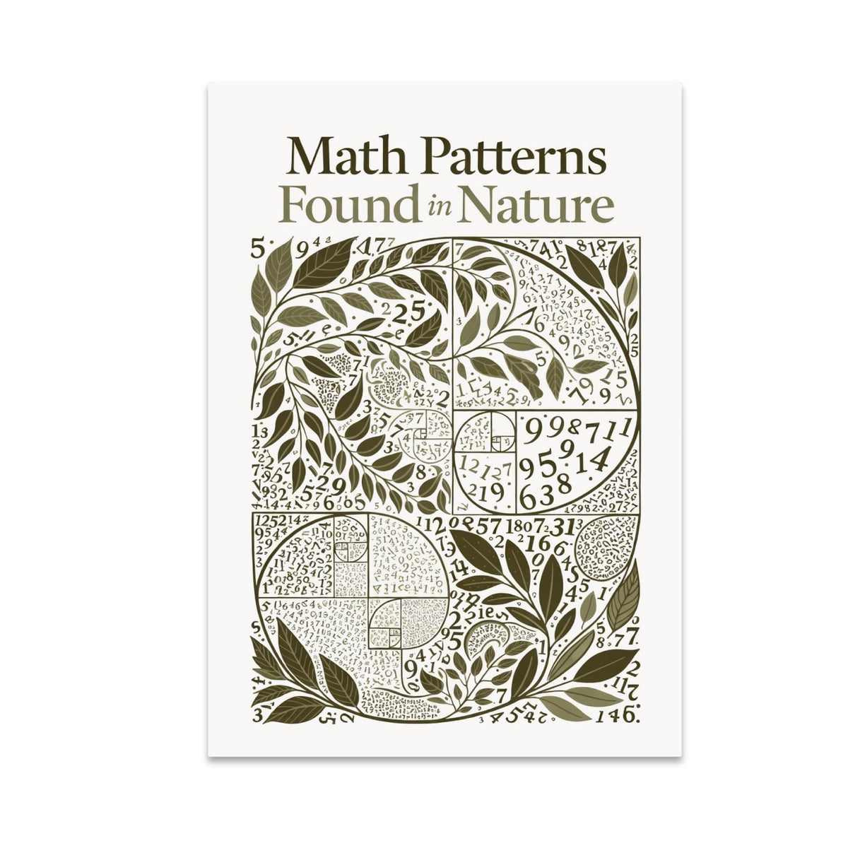 Math Patterns Found in Nature poster with botanical spirals and numbers in olive and cream