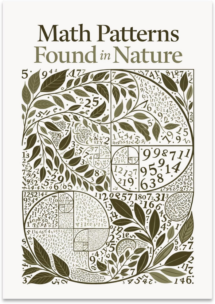 Math Patterns Found in Nature poster with botanical spirals and numbers in olive and cream