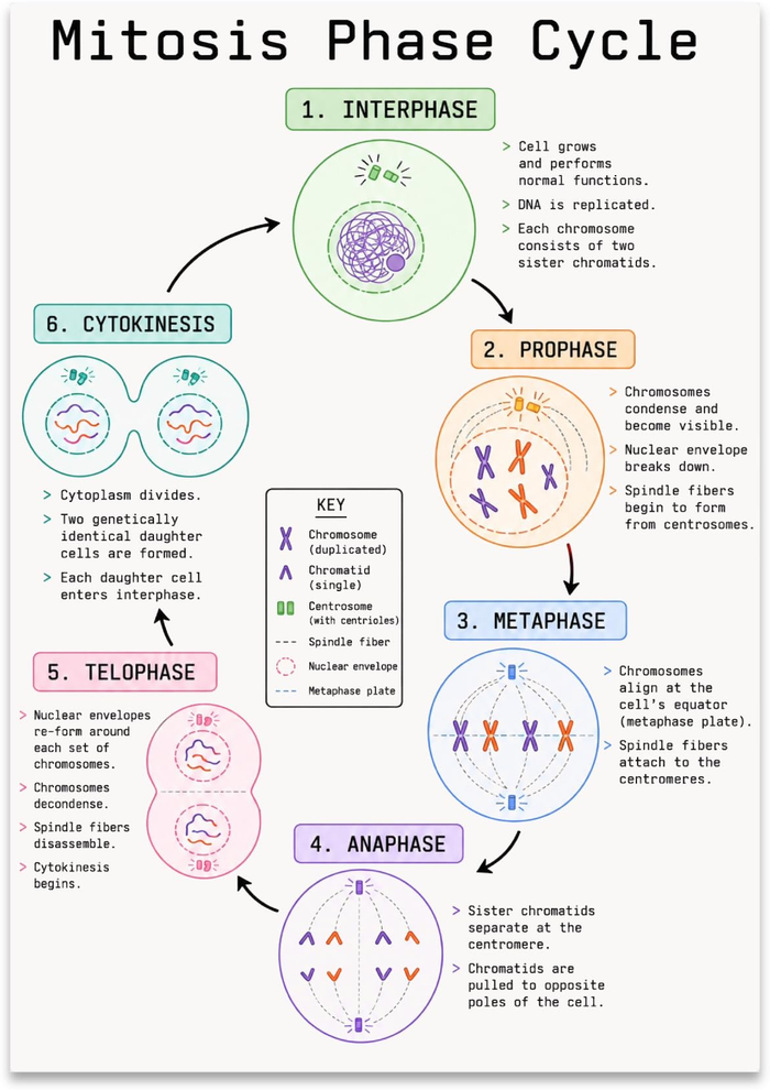 Mitosis Phase Cycle poster with six labeled cell-cycle illustrations, connecting arrows and a central key