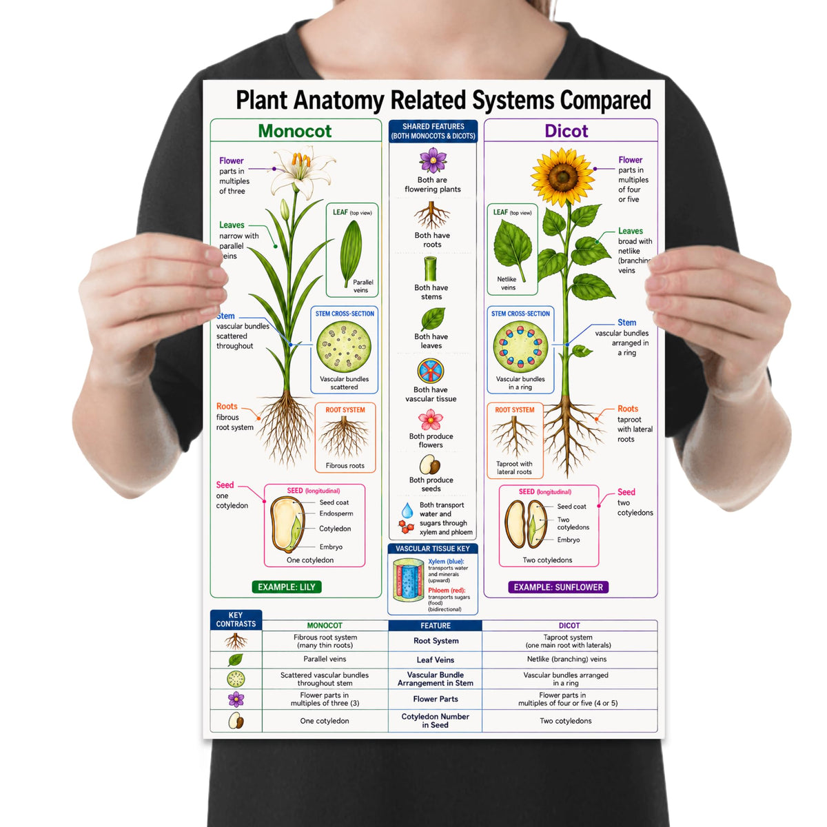 Monocot and Dicot plant anatomy poster comparing a lily and sunflower with roots, stems, leaves, and seeds held by a person for scale