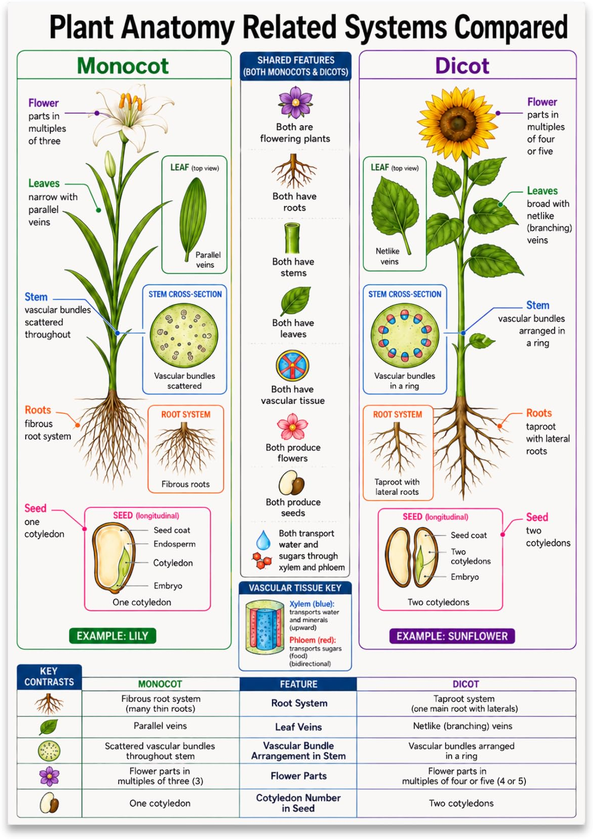 Monocot and Dicot plant anatomy poster comparing a lily and sunflower with roots, stems, leaves, and seeds