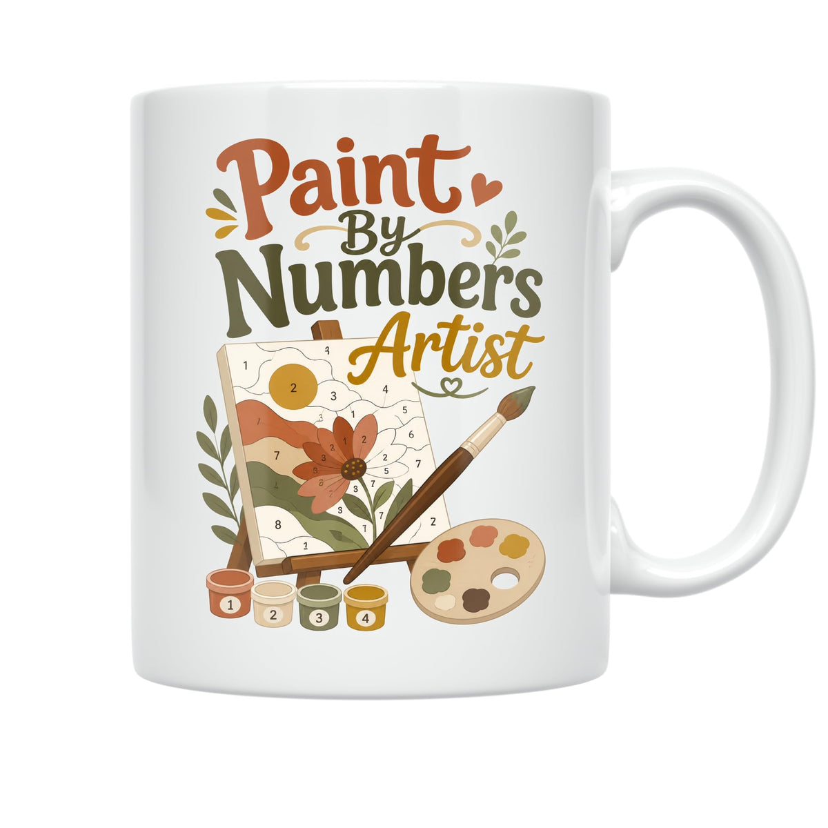 White Paint By Numbers Artist ceramic mug with a floral canvas, paintbrushes, palette and numbered paint pots, opposite-side mug view