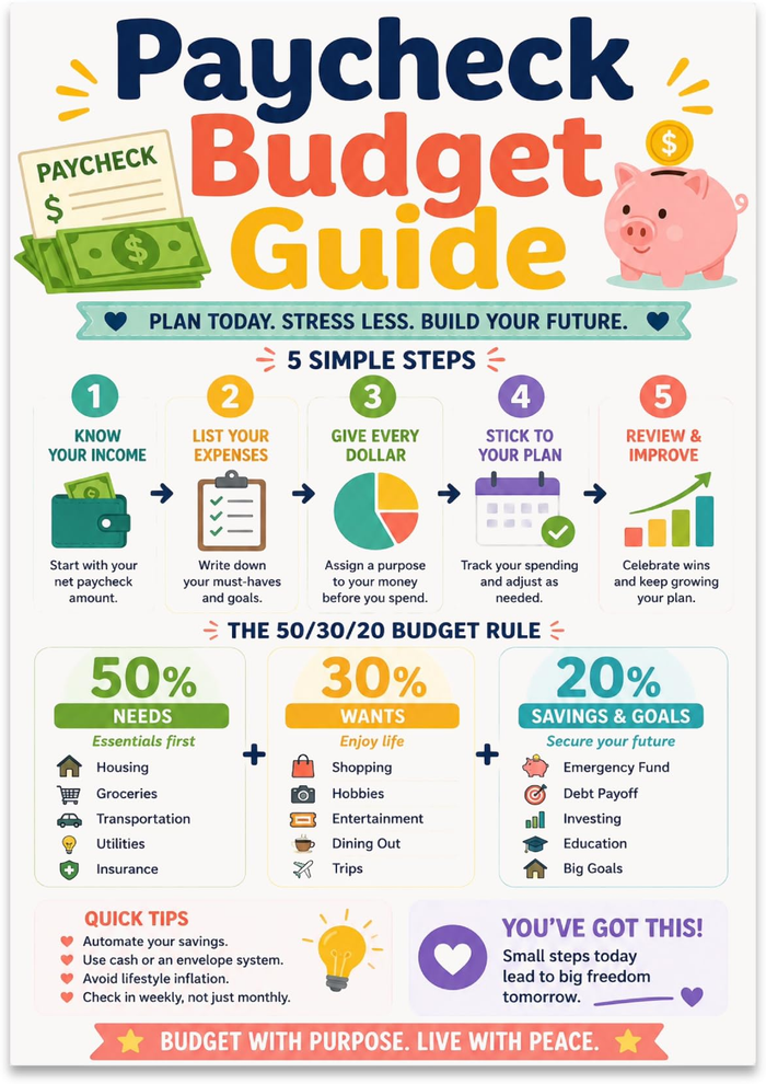 Paycheck Budget Guide poster with five planning steps and green, orange, and blue 50/30/20 sections