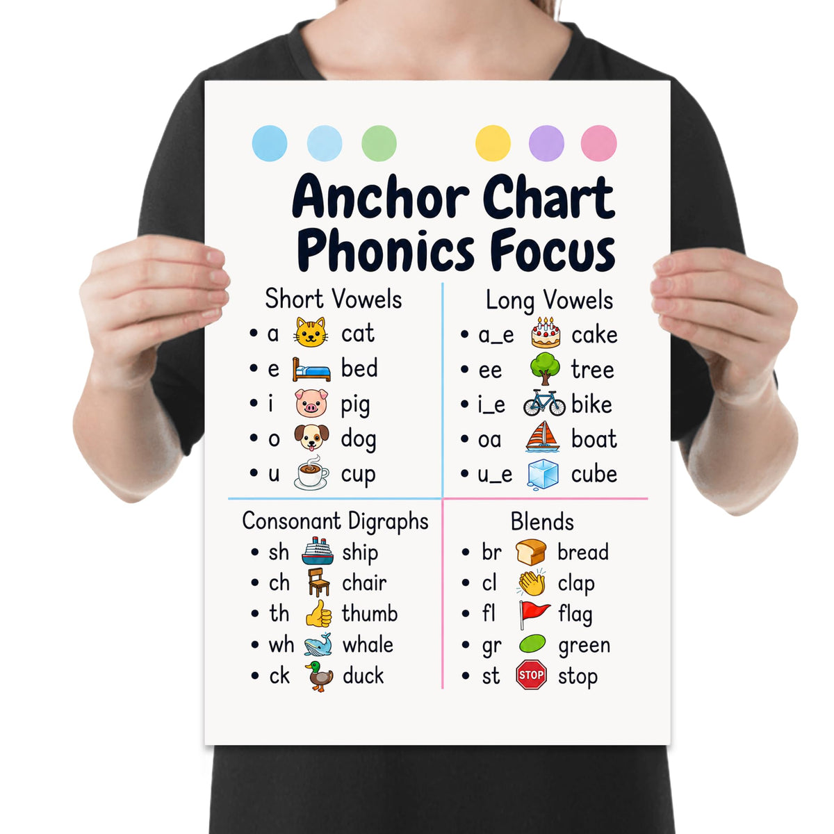 Phonics Focus anchor chart poster with short vowels, long vowels, consonant digraphs, and blends held by a person for scale