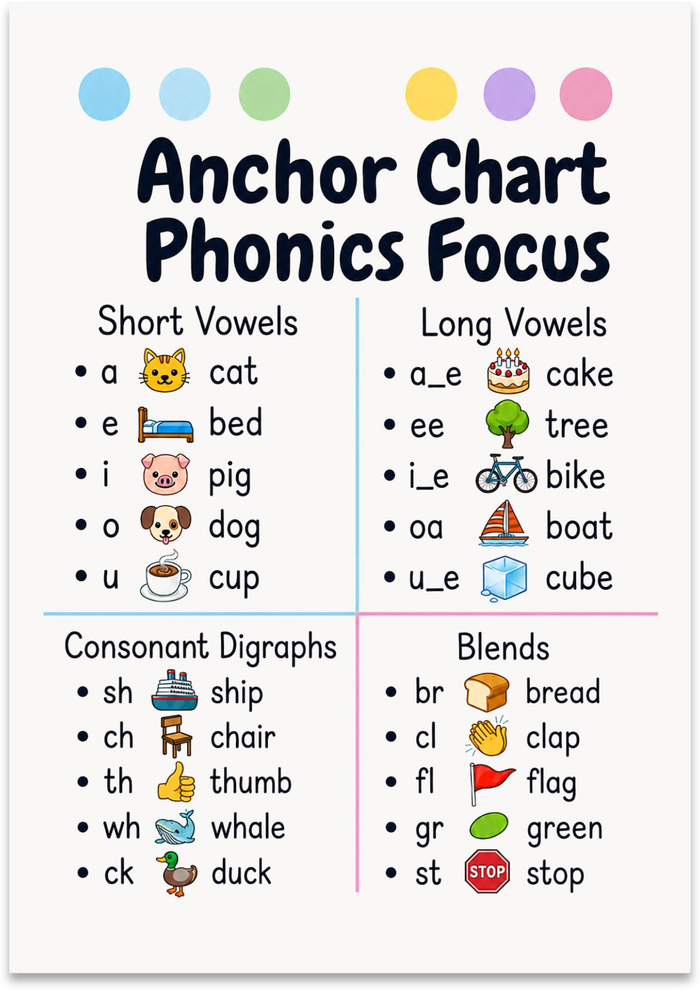 Phonics Focus anchor chart poster with short vowels, long vowels, consonant digraphs, and blends