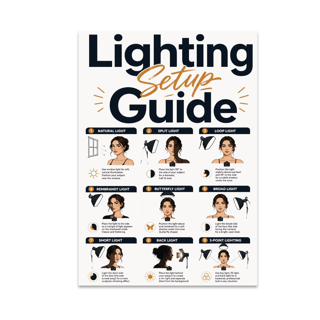 Lighting Setup Guide poster with nine illustrated portrait-lighting examples and black-and-gold headings