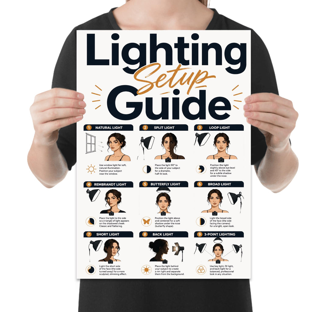 Lighting Setup Guide poster with nine illustrated portrait-lighting examples and black-and-gold headings, shown held for scale