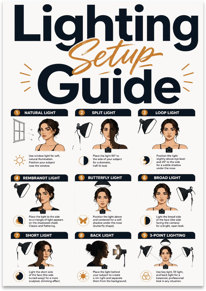 Lighting Setup Guide poster with nine illustrated portrait-lighting examples and black-and-gold headings