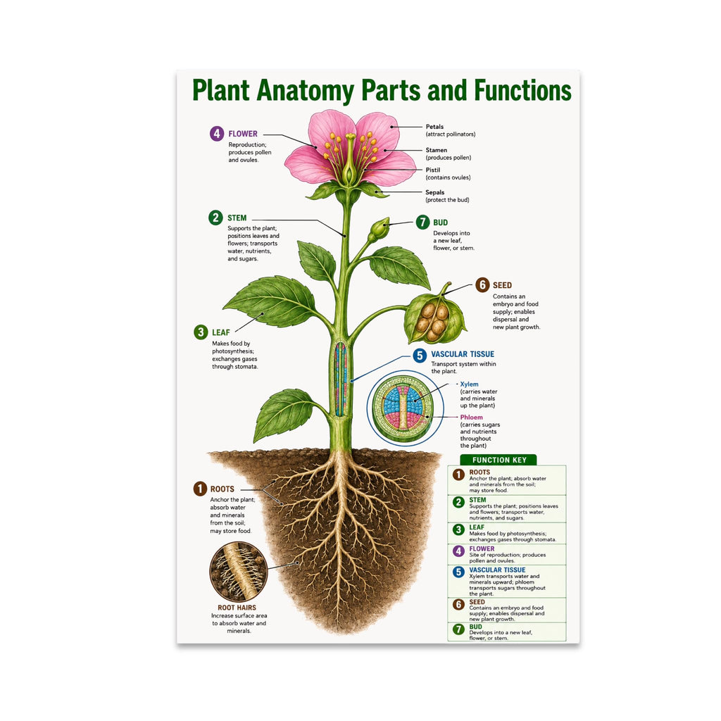 Plant anatomy poster showing a flowering plant with labeled roots, stem, leaves, flower, and vascular tissue