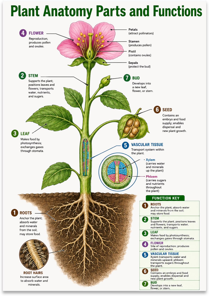 Plant anatomy poster showing a flowering plant with labeled roots, stem, leaves, flower, and vascular tissue